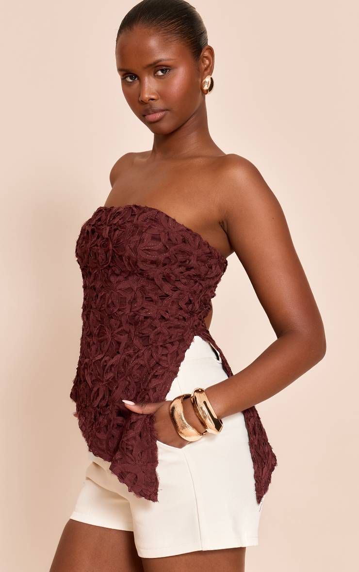 Dark Chocolate Bandeau À Ourlet Asymétrique Fleuri Texturé