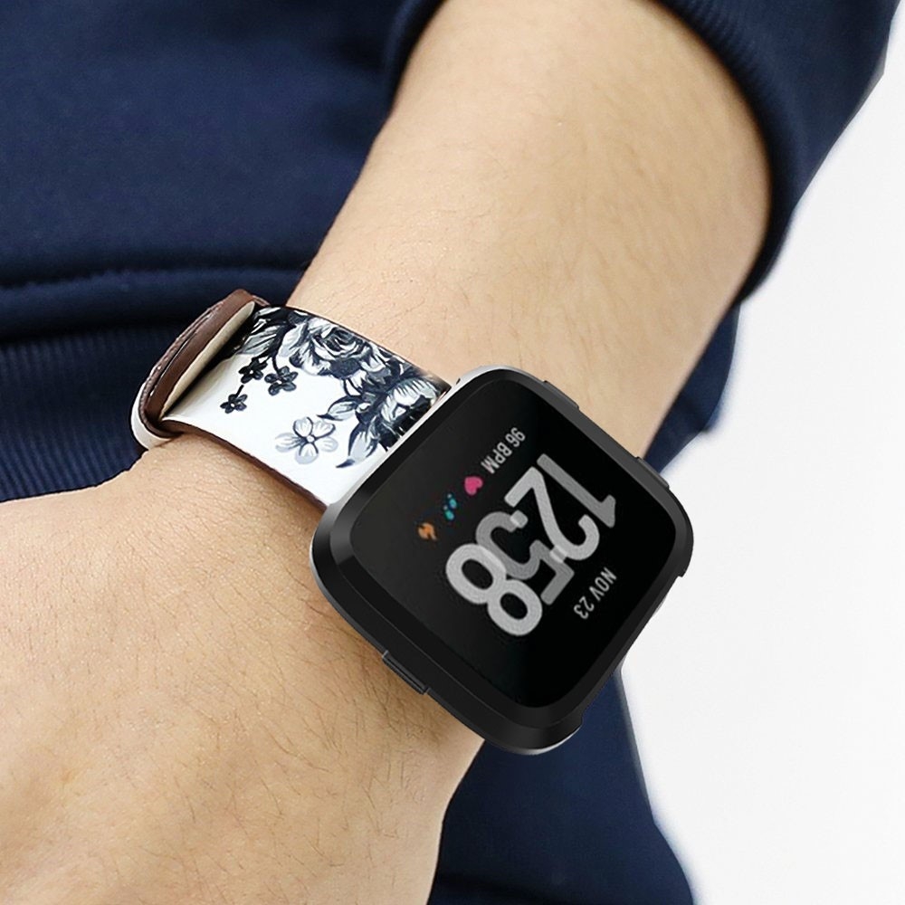 Fitbit Versa / Versa 2 / Versa Lite Echtleder Ersatz Armband mit Metallverschluss - Grüne Blumen