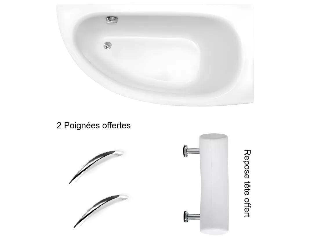 Baignoire asymétrique + tablier blanc + repose tête + poignées - MILENA PREMIUM - 150 x 70 cm - Gauche