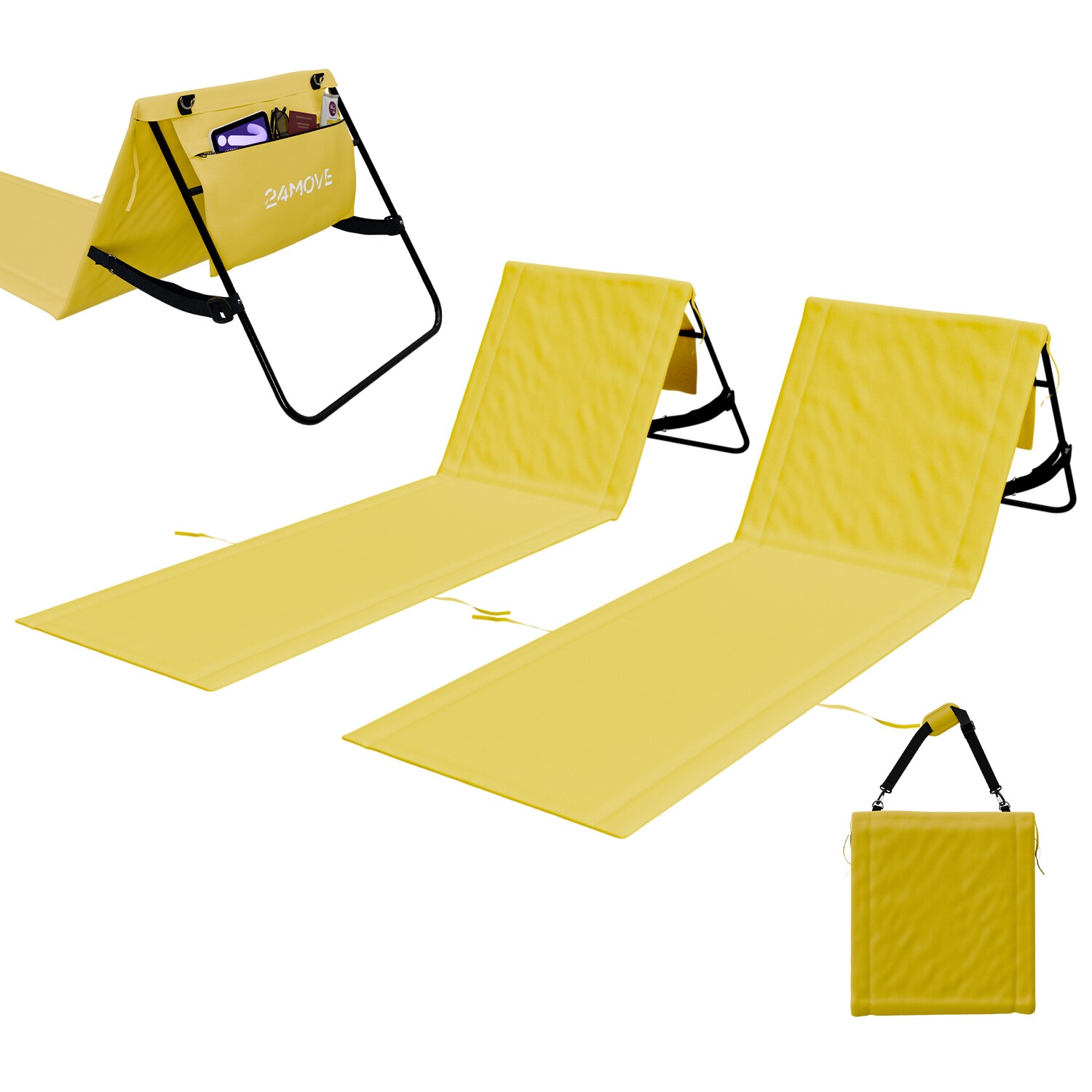 24MOVE® Strandmatte 2er Set klappbar mit Rückenlehne, Strandliege mit Gurt, tragbar für Strand und Garten, Liegematte gelb