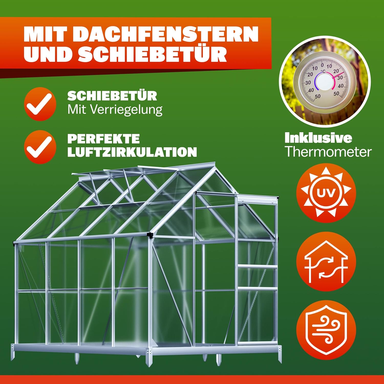 GARDEBRUK® Gewächshaus Aluminium 4,8m² mit Fundament 250x190cm inkl. 2 Dachfenster Tomatenhaus Treibhaus Anzuchthaus Garten Frühbeet Aufzucht 7,7m³