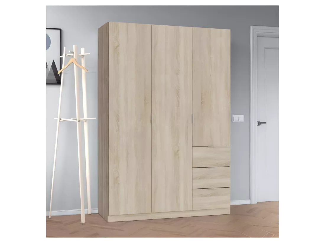 Armoire avec 3 portes coloris chêne canadien - 200 x 135 x 52 cm