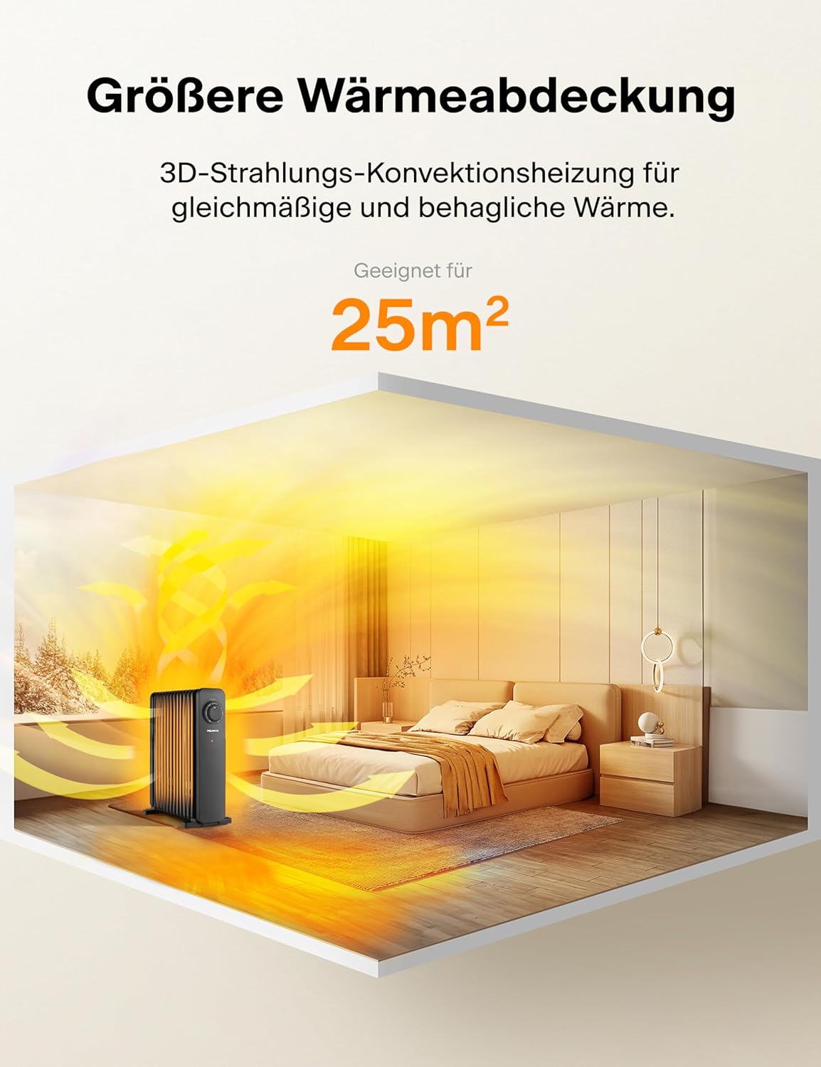 PELONIS 2500W Ölradiator Energiesparend, 13 Rippen Elektroheizung, Mobile Elektro Heizkörper mit Thermostat, 3 Heizstufen und Überhitzungsschutz, Radiator Heizung Elektrisch, Schwarz