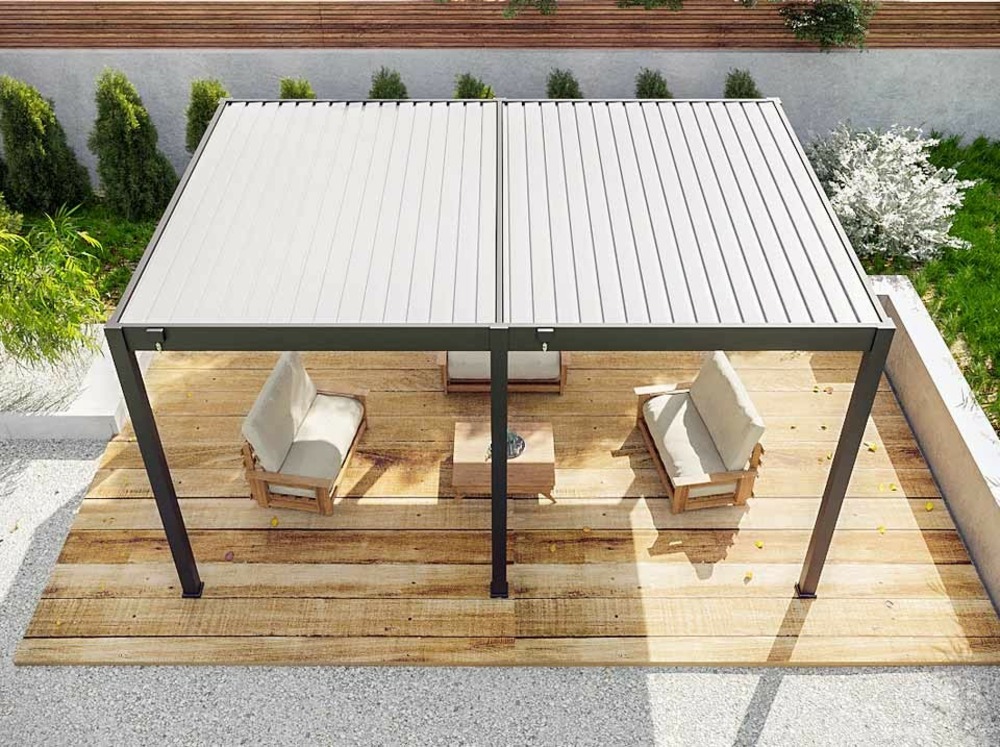 Pergola bioclimatique 3,6x5,3m - eclipse 19m² - gris - autoportee - lames en acier galvanisé - orientables de 0 à 120°