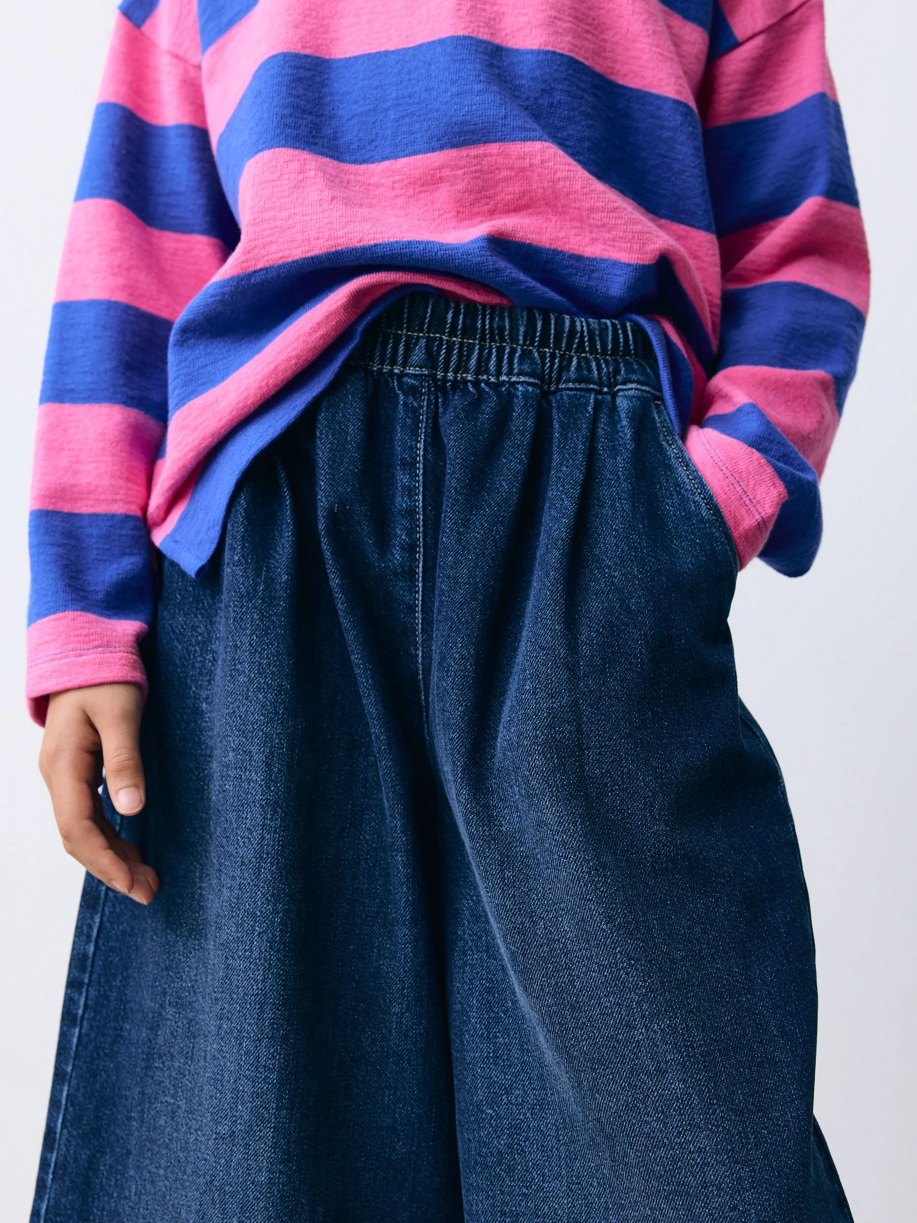 Donkerblauw - Jeans met elastische taille en wijde pijpen (6-16jr)