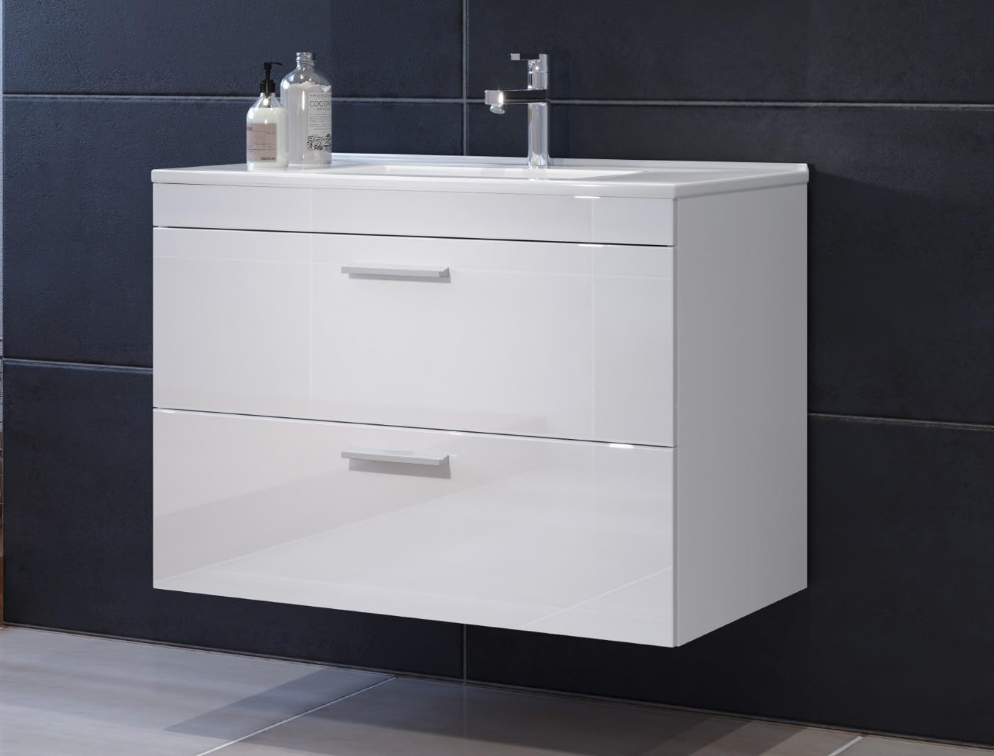trendteam smart living - Devon - Badezimmerschrank - Weiß Hochglanz - Hängender Waschbeckenunterschrank mit 2 Schubladen inkl. Waschbecken - (BxHxT) 81 x 59 x 47 cm - mit silberfarbenen Griffen