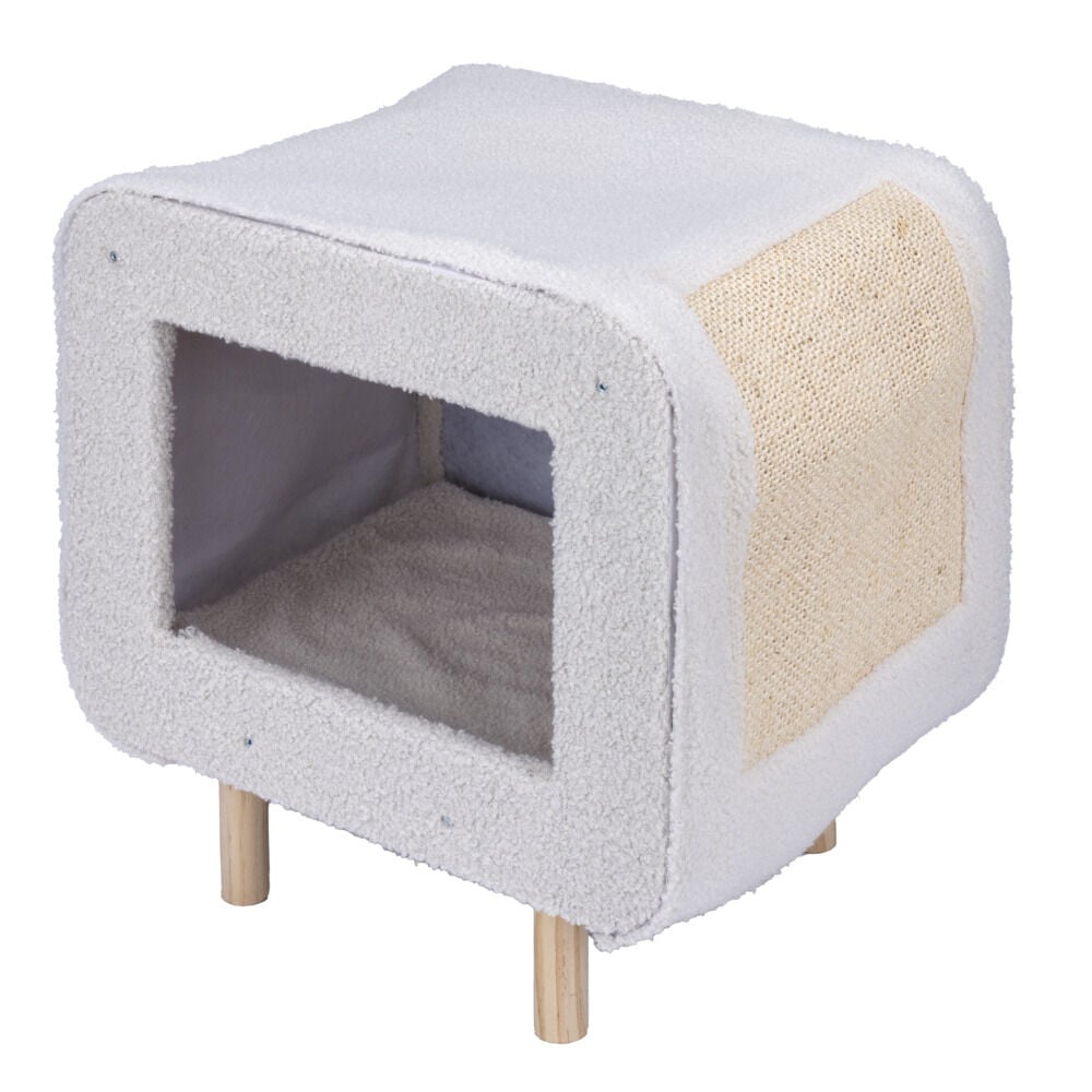 Niche pour chat ou chien en bois et tissu beige avec grattoir 48x48xH38cm