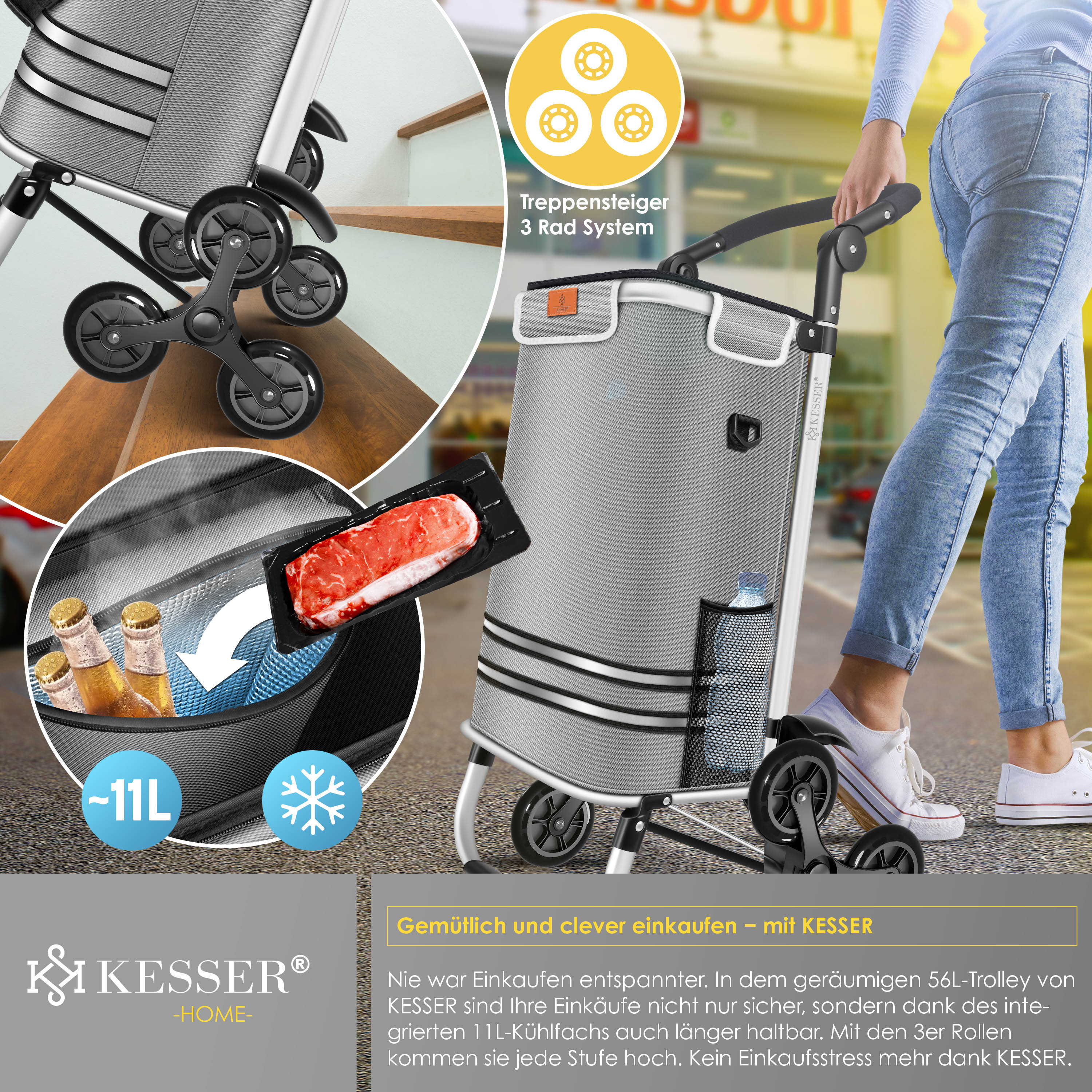 KESSER® Einkaufstrolley Treppensteiger mit Kühlfach klappbar mit 56L Kapazität und belastbar bis 50kg | 3in1 Trolley Sackkarre & Umhängetasche | Faltbarer Einkaufswagen inkl. Einkaufschip