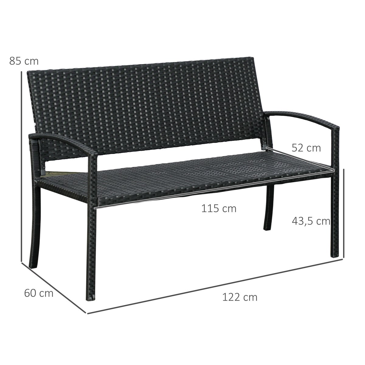 Outsunny tuinbank, rotan-look bank, voor 2 personen, belastbaar tot 320 kg, 122 x 60 x 85 cm, PE polyrotan, staal, zwart