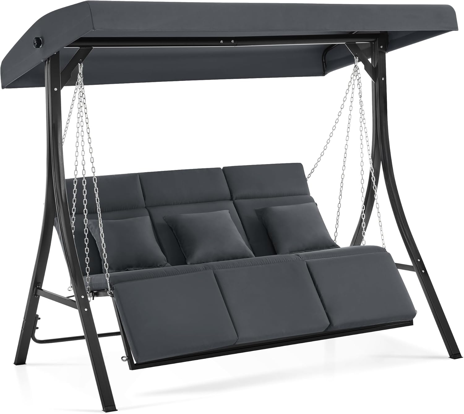 M MCombo Hollywoodschaukel mit Liegefunktion, Gartenschaukel 3 Sitzer Wetterfest, Outdoor Schaukelbank mit Metallketten, Verstellbarem Dach, 123 * 194 * 169 cm, 8018 (Dunkgelgrau)