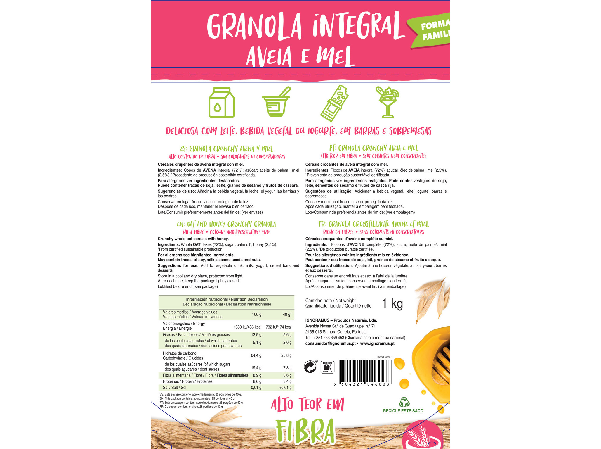 GRANOLA CEM PORCENTO AVEIA E MEL 1 KG