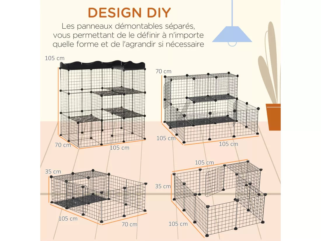 Cage parc enclos chat modulable dim. L105 x l70 x H105 cm 3 niveaux 2 portes rampe plateformes PE motif graphique fil métallique noir