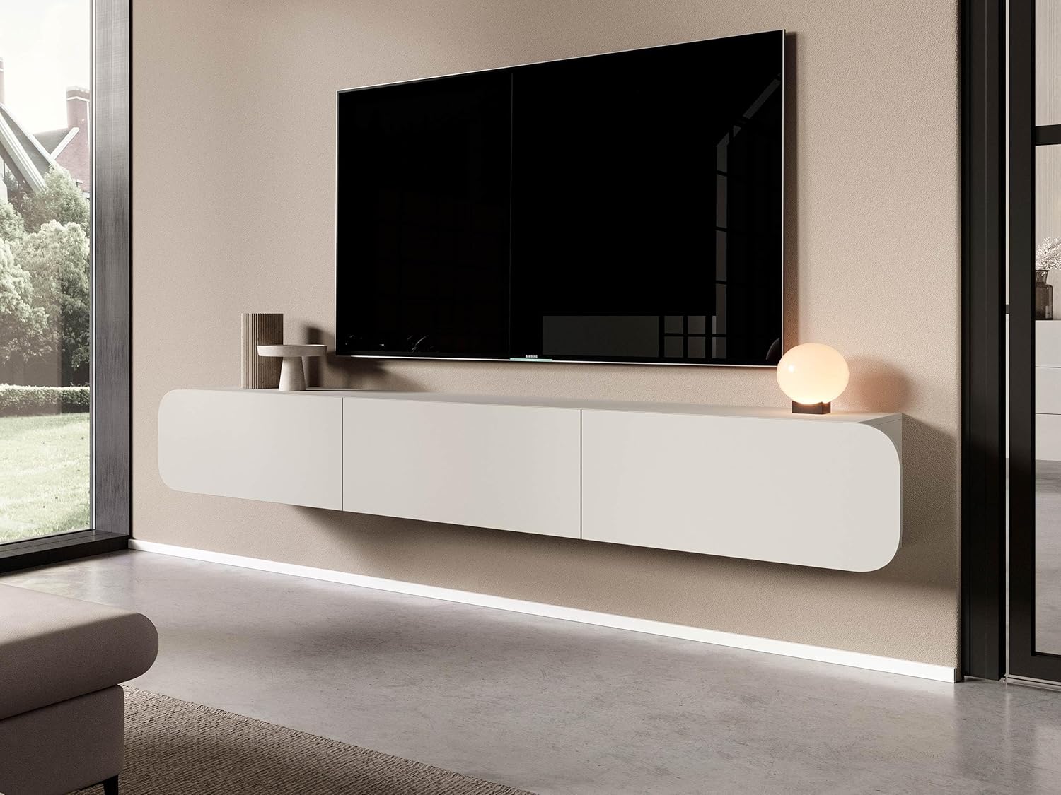 Mirjan24 TV-Lowboard Roteli 3D, Griffloses Öffnungssystem, 3 Klappe/Tür, TV-Board Sideboard, Unterschrank, Fernsehschrank, TV-Tisch, Fernsehtisch (Cashmere)