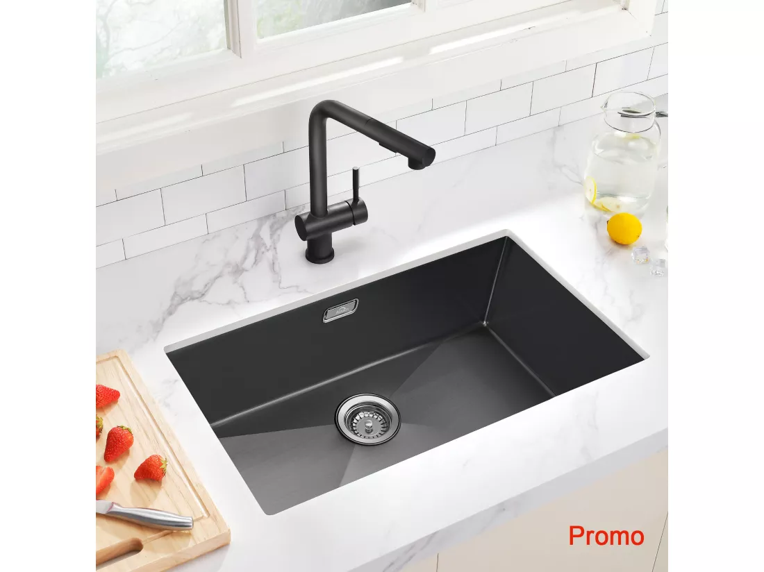AuraLum Max Évier Cuisine 1 Bac 70*44*19CM Évier Montage à Encastrer,à Fleur/Sous-Plan Acier Inox 304 Évier avec Siphon/Trop-Plein,Noir,EU Modèle