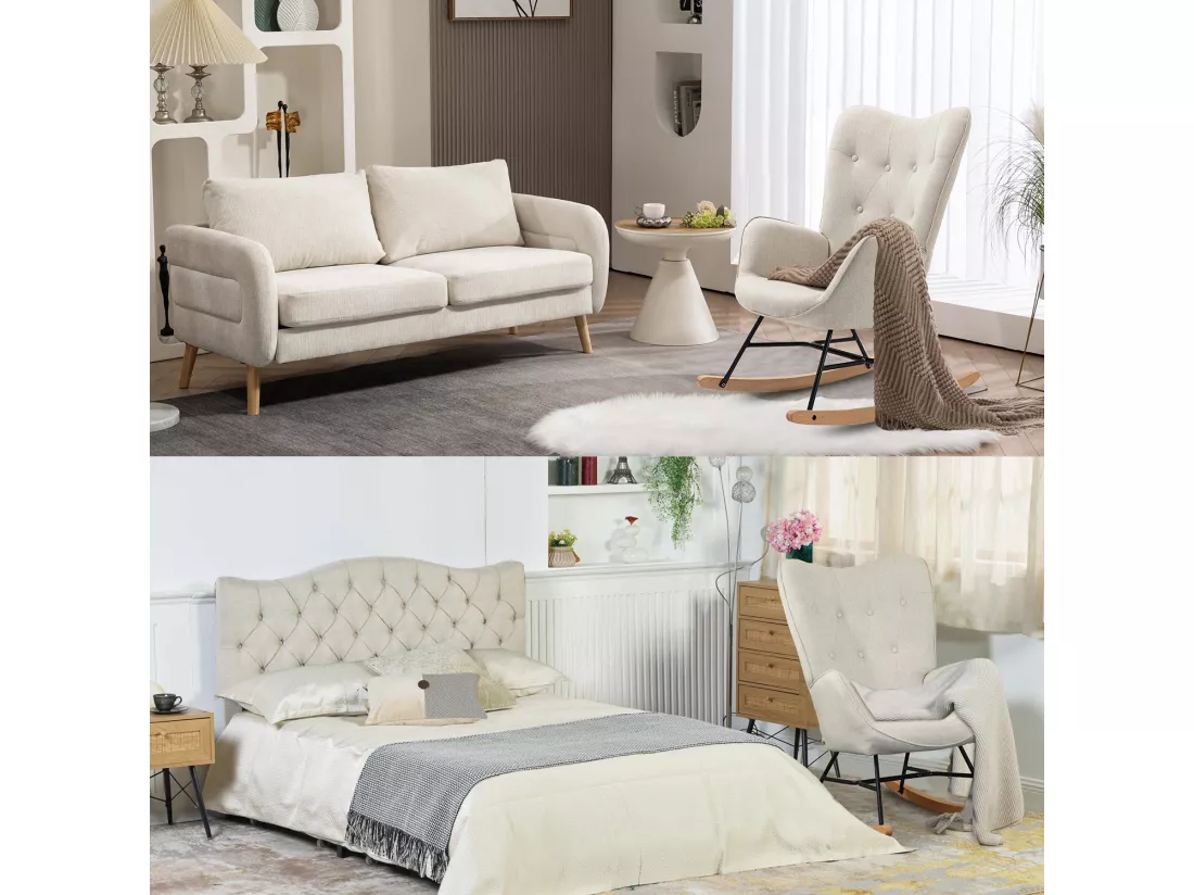 MEUBLES COSY Fauteuil à Bascule Allaitement Rocking Chair Scandinave Chaise Loisir Revêtement en Tissu avec Pieds en Bois Massif pour Salon, Chambre, Le balcon, Beige