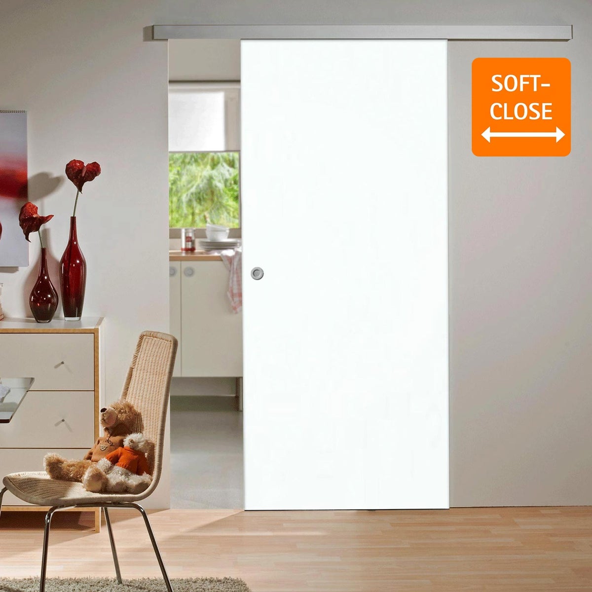 Houten schuifdeur, wit, 775x2035 mm, binnendeur, houten deur, schuifdeursysteem - verzonken handgreep + 2-zijdige softclose
