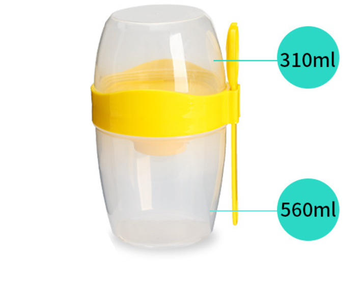 (3-tlg. Set) 870ml Lunch Box mit Saucen Behälter inkl. Gabel für Müsli / Salat / Joghurt - Grau / Transparent