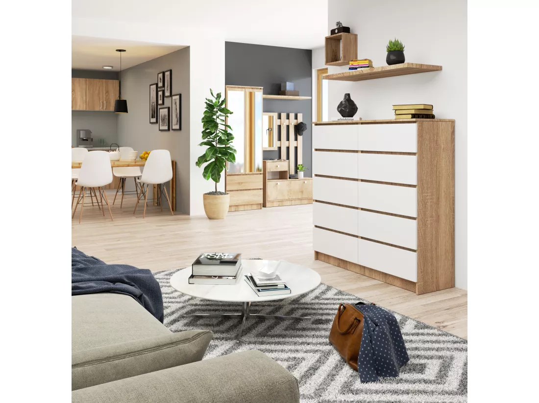 Commode AKORD K120 Chêne Sonoma 120 cm 10 tiroirs façade Blanche 120x40x121 cm