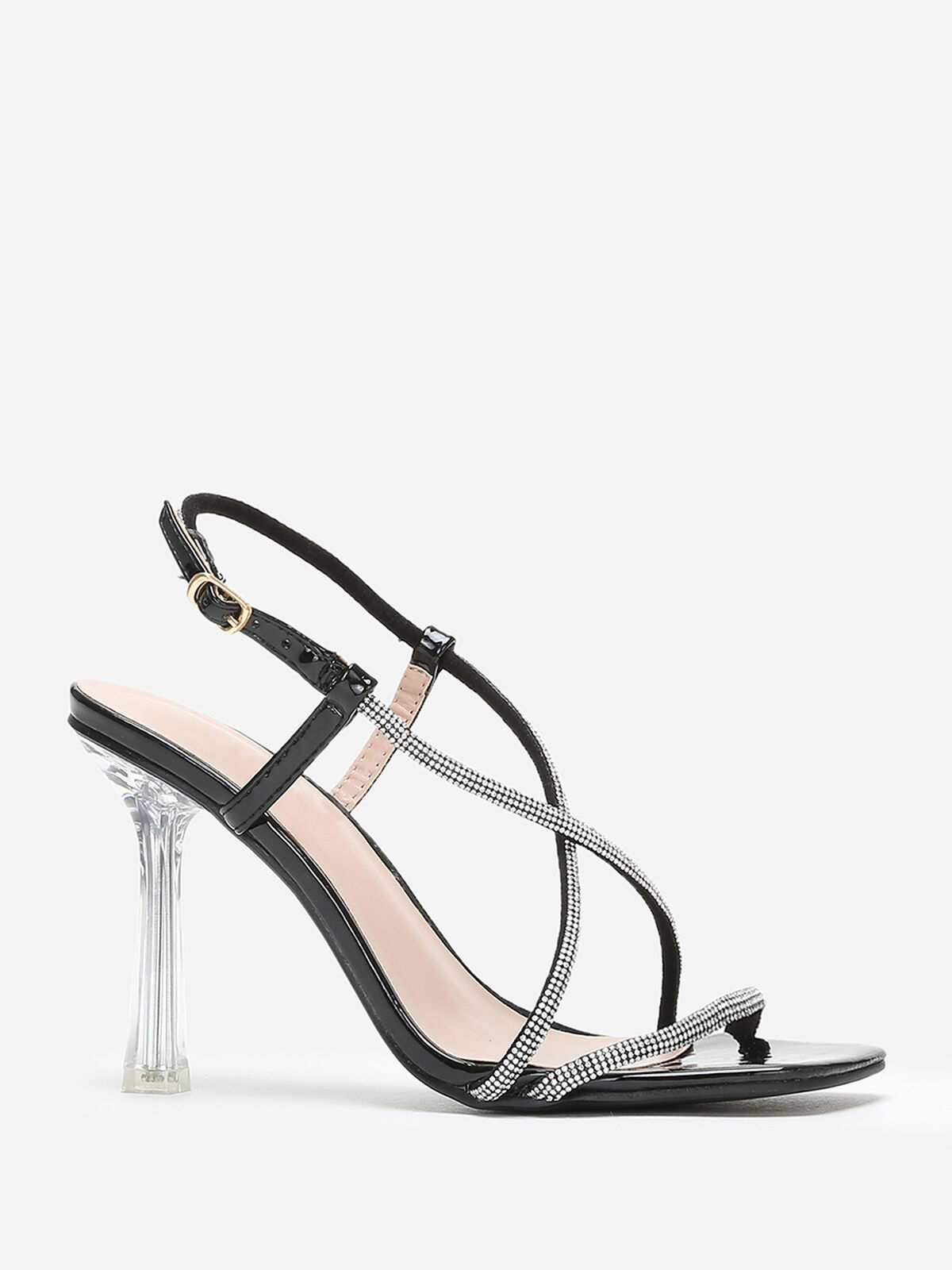 Sandales à talon transparent et strass- Noir