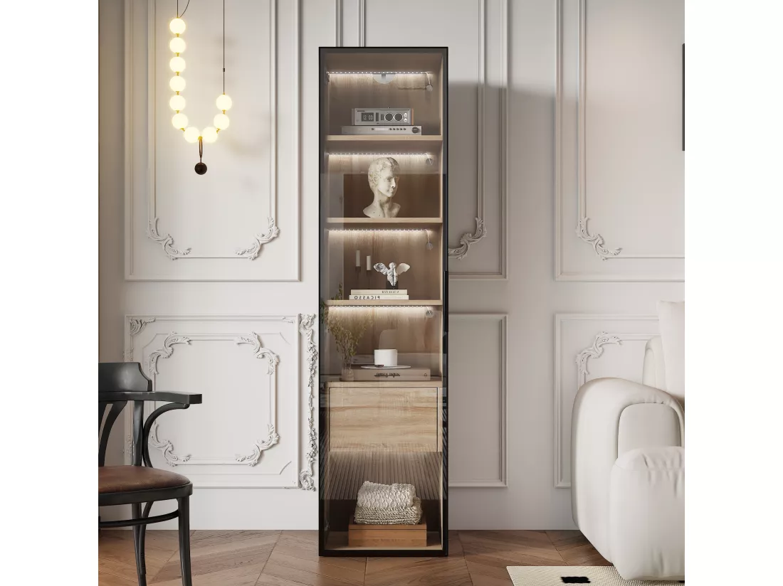 Vitrine、Meuble de salle de bain avec LED - 1 porte vitrées - Naturel