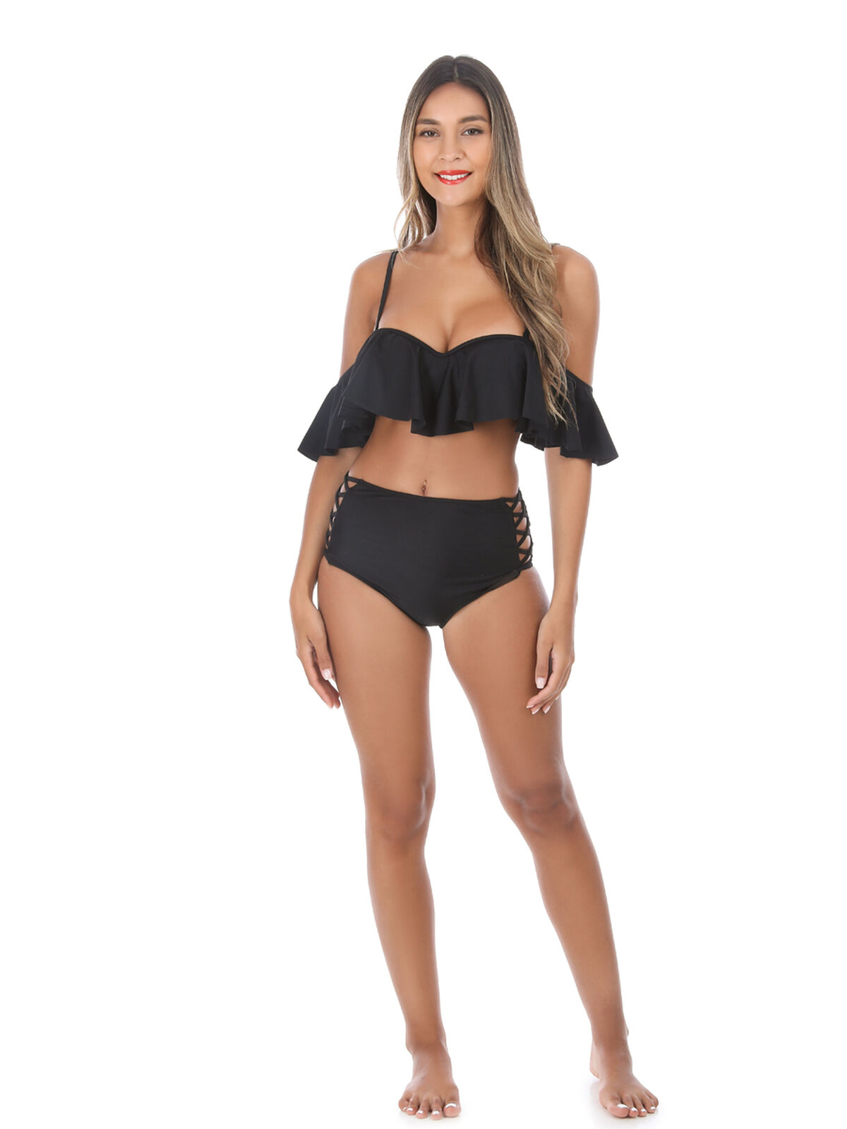 Maillot de bain à volants et manches- Noir