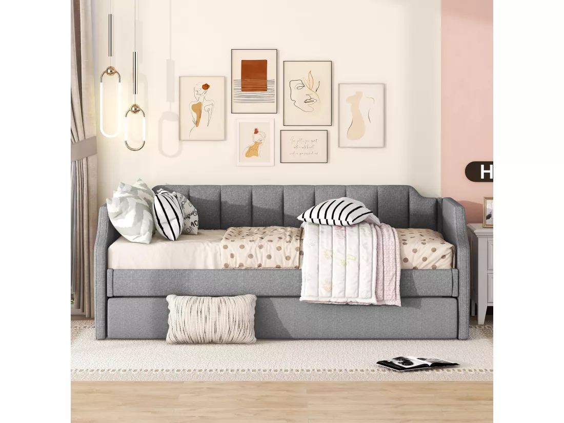 Lit gigogne 90x190/200cm en tissu de lin - avec sommier à lattes - Gris