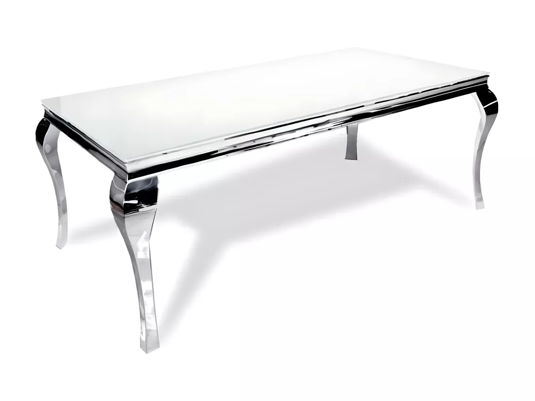 Table à manger baroque 4 à 6 couverts chrome verre blanc 150x90cm