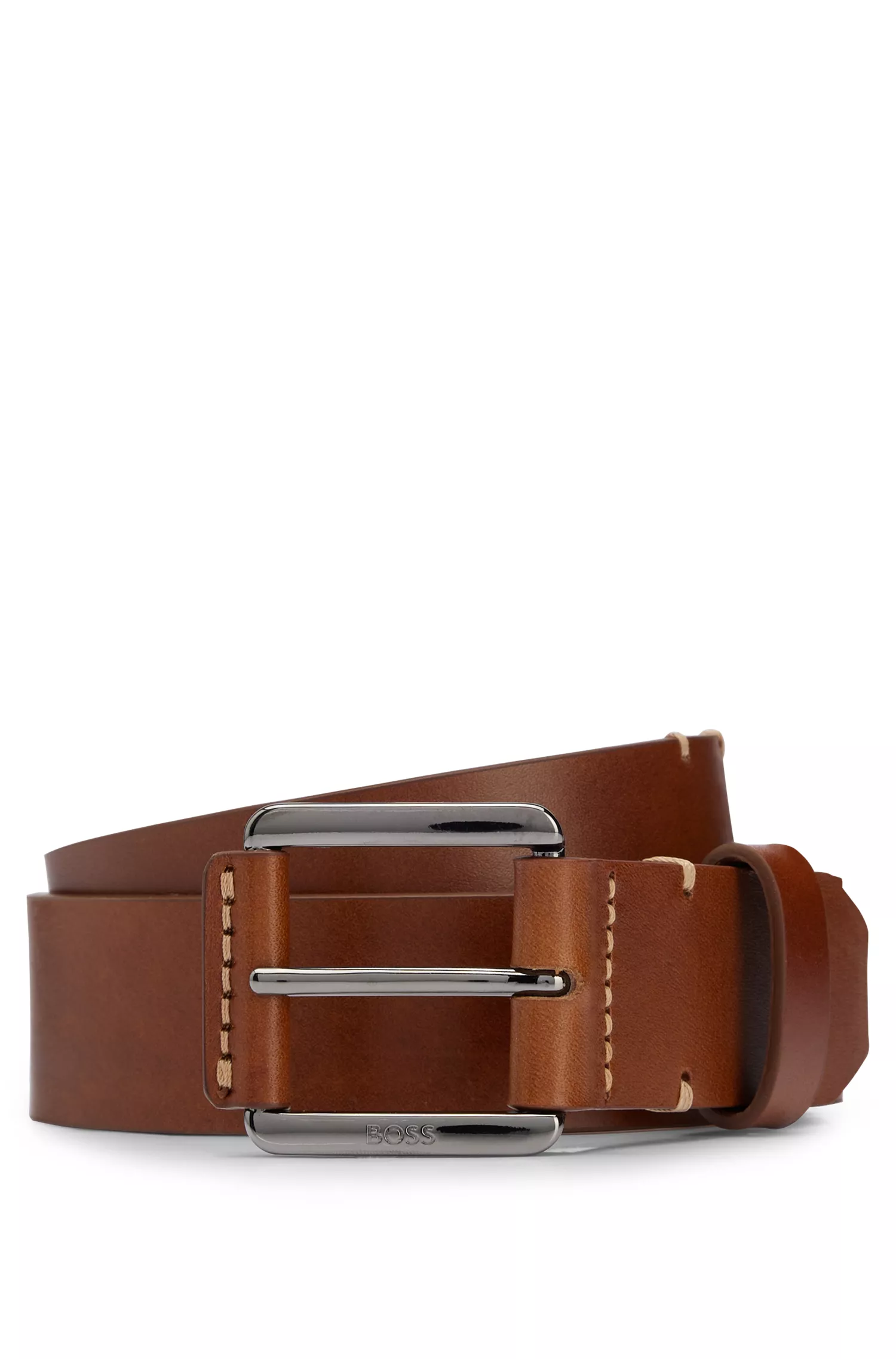 Cinto BOSS em couro italiano preto com costura em tom camelo.