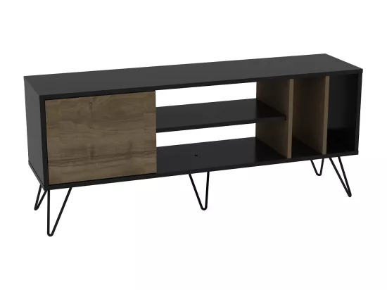 Meuble TV Mistico de 140 cm avec étagères ouvertes et armoire avec le pied en métal (Noir et Noyer)
