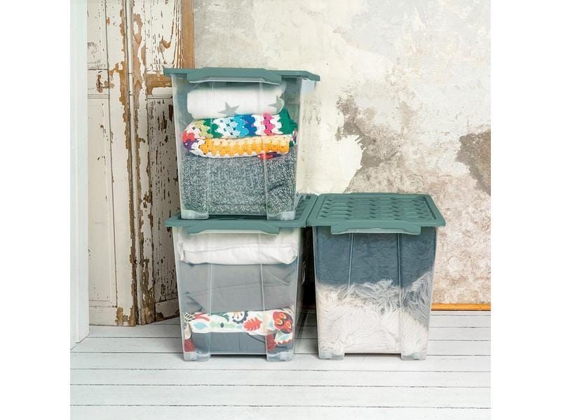Rotho Aufbewahrungsbox Evo Safe 65 l, Grün/Transparent Box mit Deckel und Rädern
