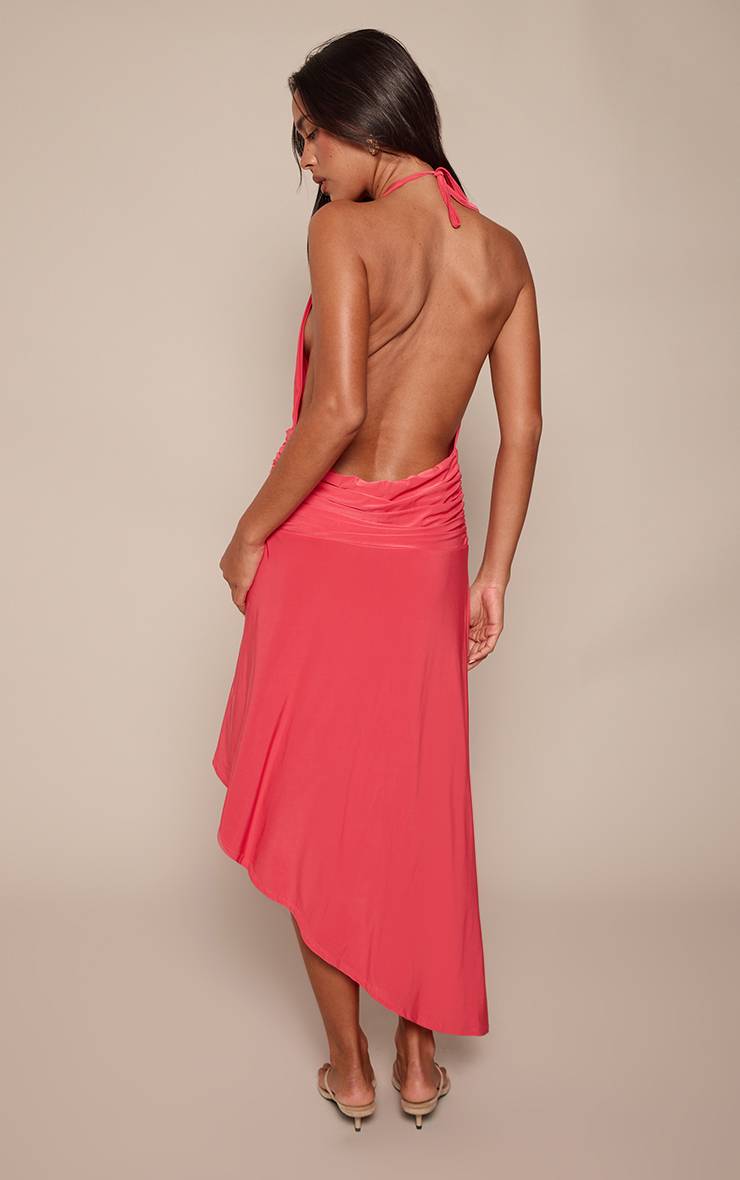 Rose Fuchsia Robe Maxi Asymétrique À Double Couche En Jersey Fluide Avec Décolleté Plongeant Et Finitions