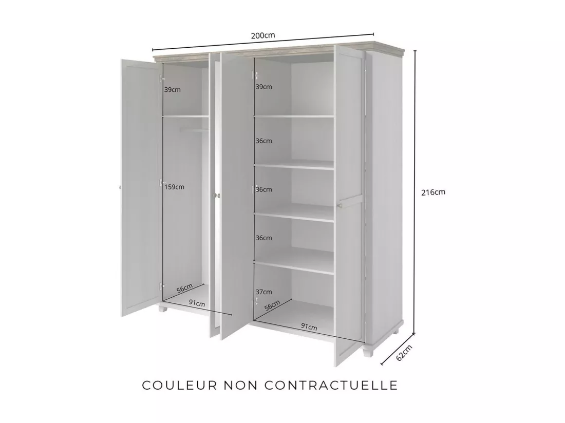 Chambre à coucher ASSIA : Armoire 200cm, Lit 160x200, commode, chevets. Coloris vert kaki et chêne.