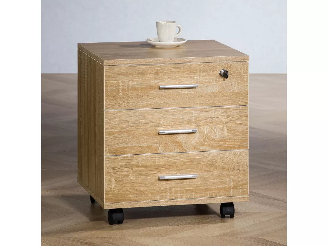 Caisson de bureau IGOR 3 tiroirs, verrouillable sur roulettes dimensions 40 x 46 x 36 cm coloris chêne sonoma, en MDF, fermant à clé