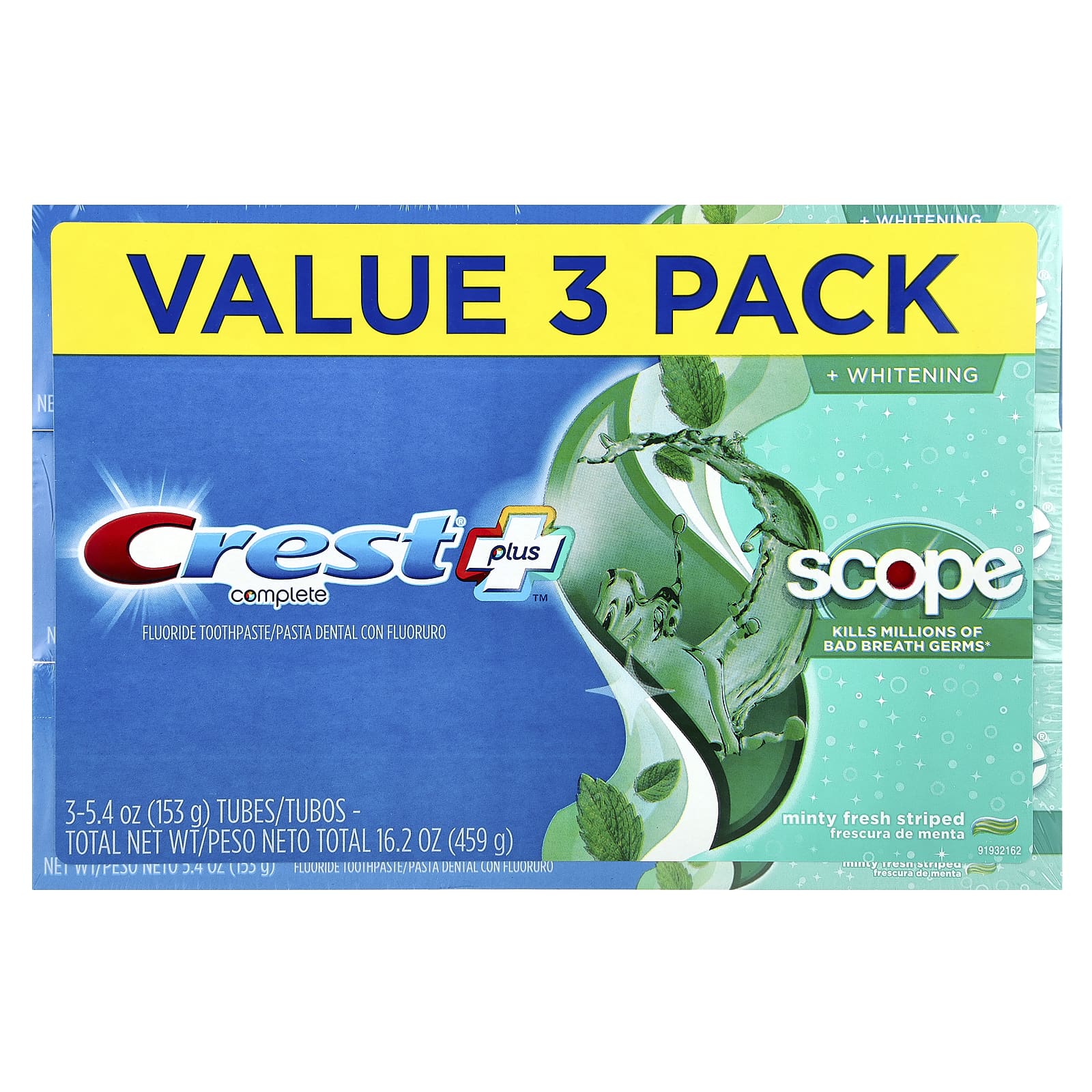 Crest, Complete Plus™, Scope® + Whitening, fluoride tandpasta, Minty Fresh Striped, 3-pack, elk 153 g