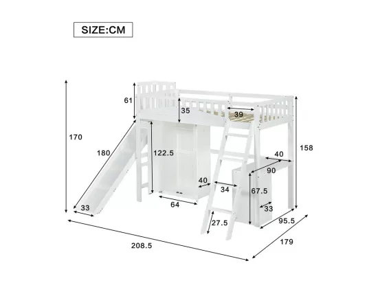Lit mezzanine 90 x 200 cm avec bureau et toboggan, garde-robe - 5 étagères - Pin+MDF+contreplaqué - Blanc