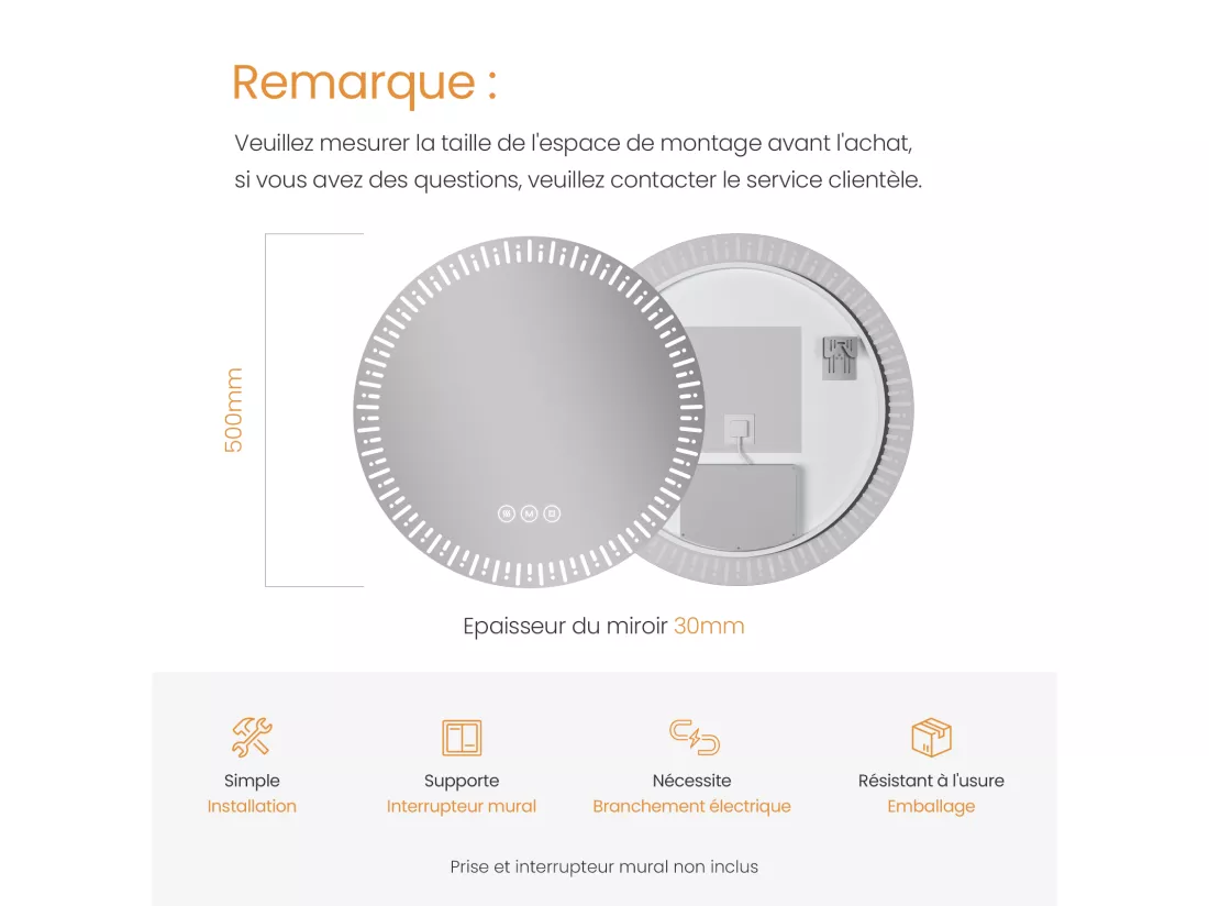 EMKE Miroir led salle de bain ф50 cm Miroir salle de bain lumineux avec 3 Couleurs de lumière réglables+Anti-buée, Économie d'énergie miroir led