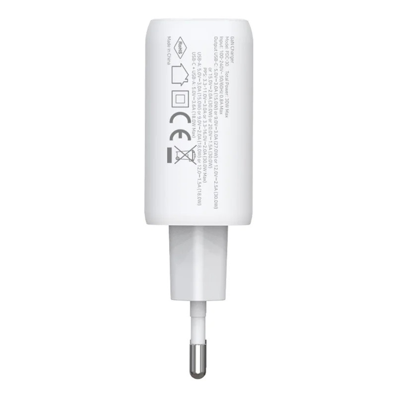 (30W) USB C / USB A GaN Ladegerät Netzteil Power Delivery 3.0 Quick Charge 4.0  - Weiss