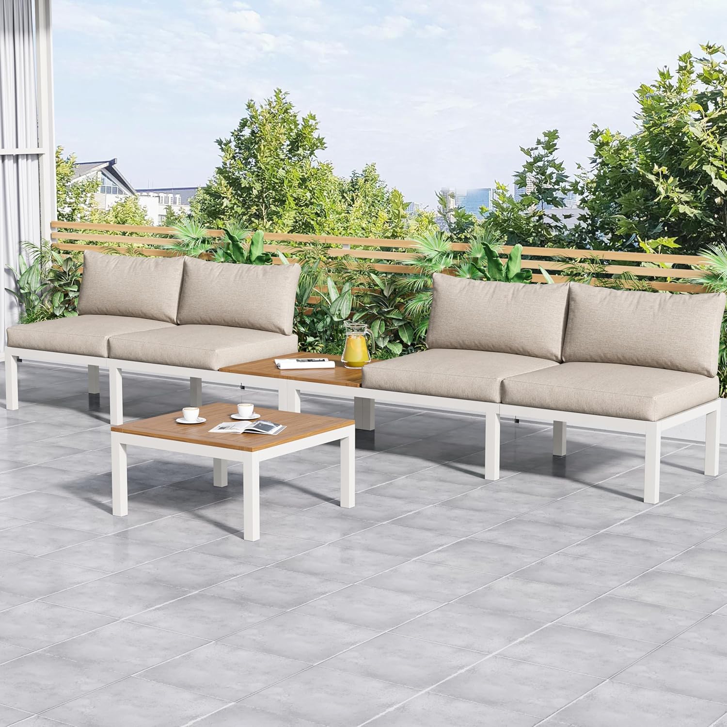 Merax Gartenmöbel Set 4-Personen, Lounge Sitzgruppe Outdoor mit Tisch, Ecksofa-Set aus verzinktem Eisen & Massivholz, für Garten Balkon Terrasse, inkl. Kissen, wetterfest Gartenlounge Set, Beige