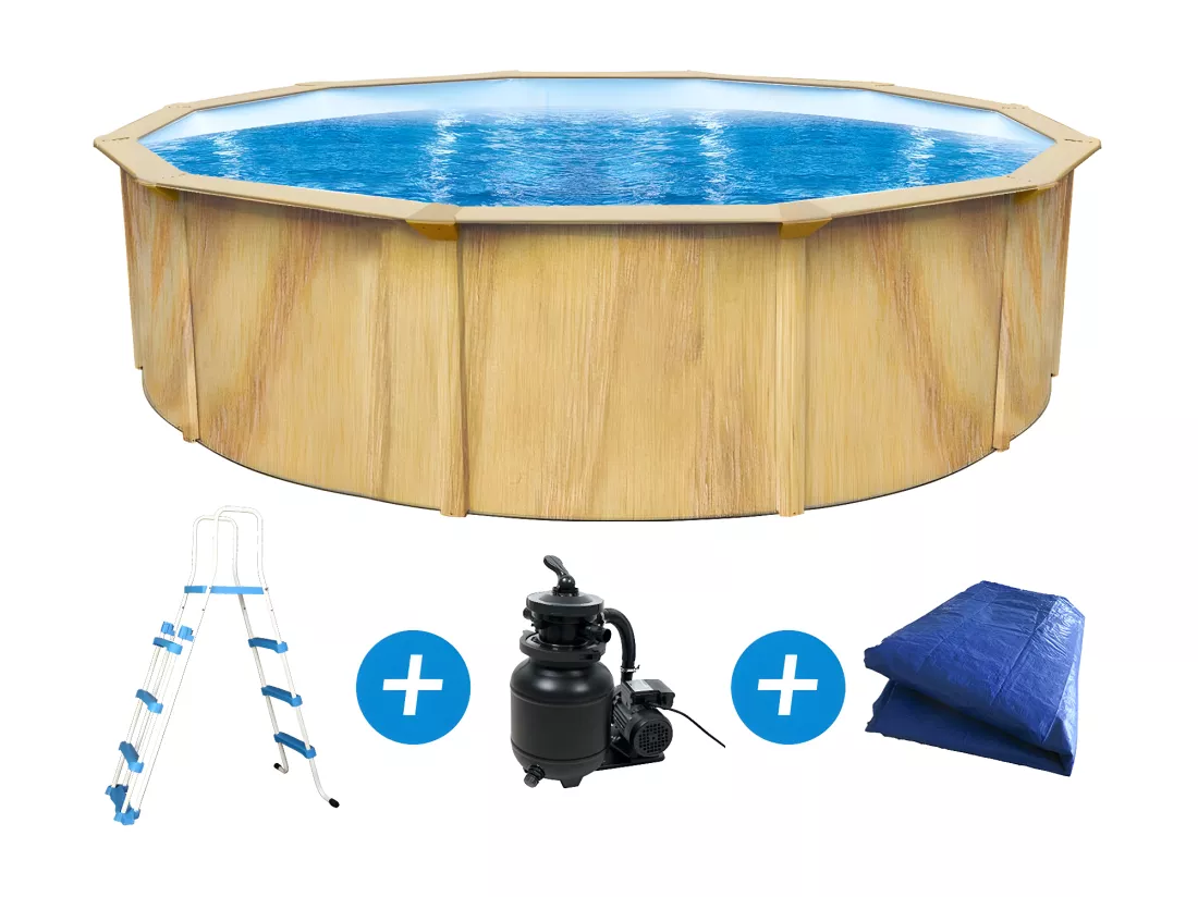Piscine acier ronde aspect bois 