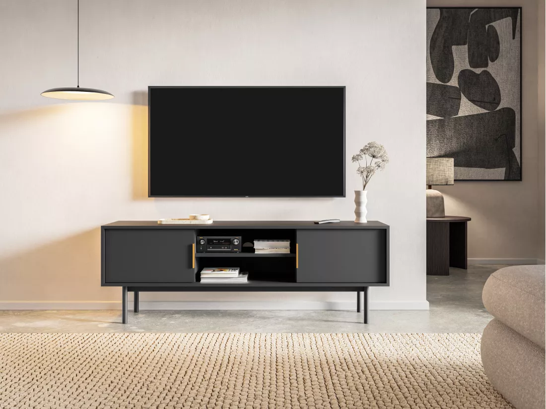 Meuble TV avec 2 portes et 2 niches - Noir - DABRIANA