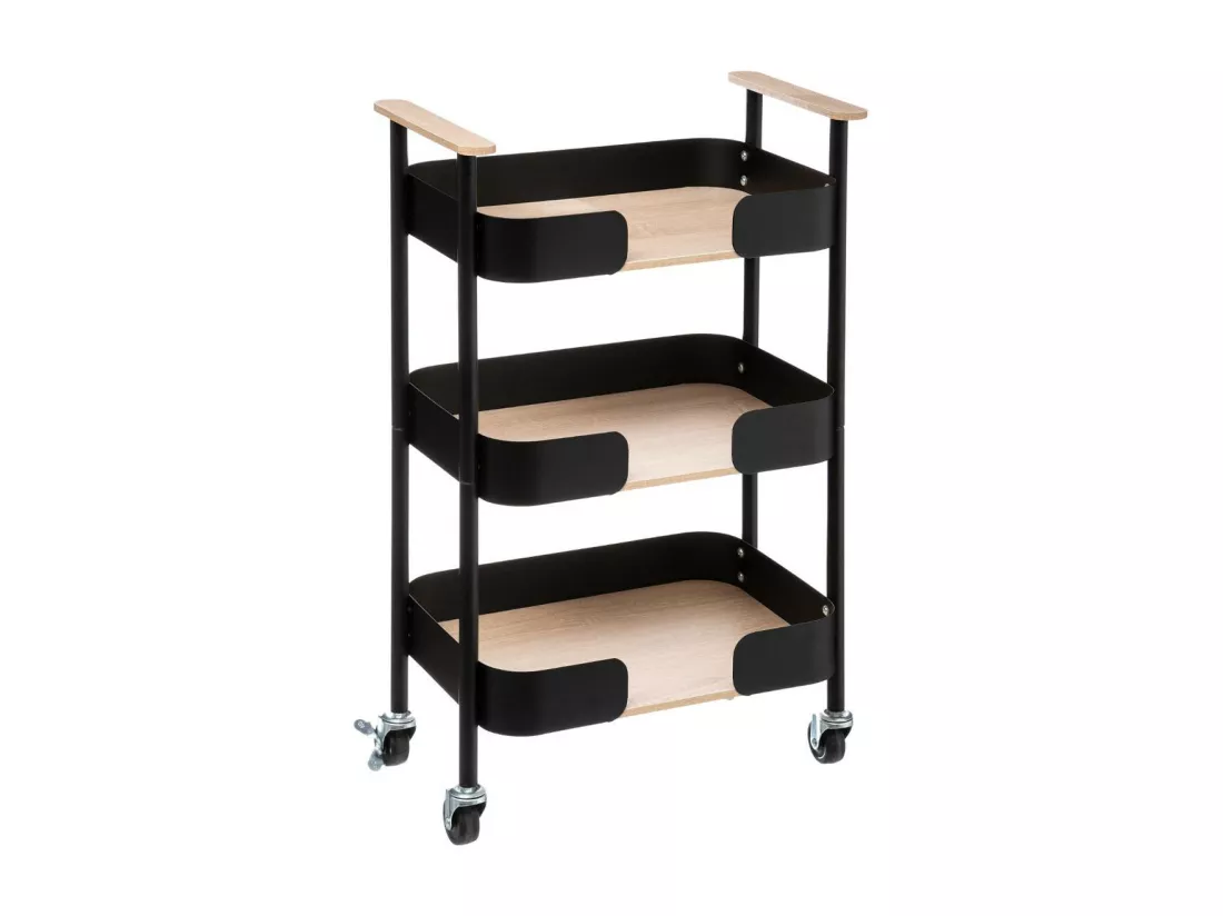 Desserte de Cuisine roulante à 3 niveaux en Métal Noir et Bois H 74.6 cm