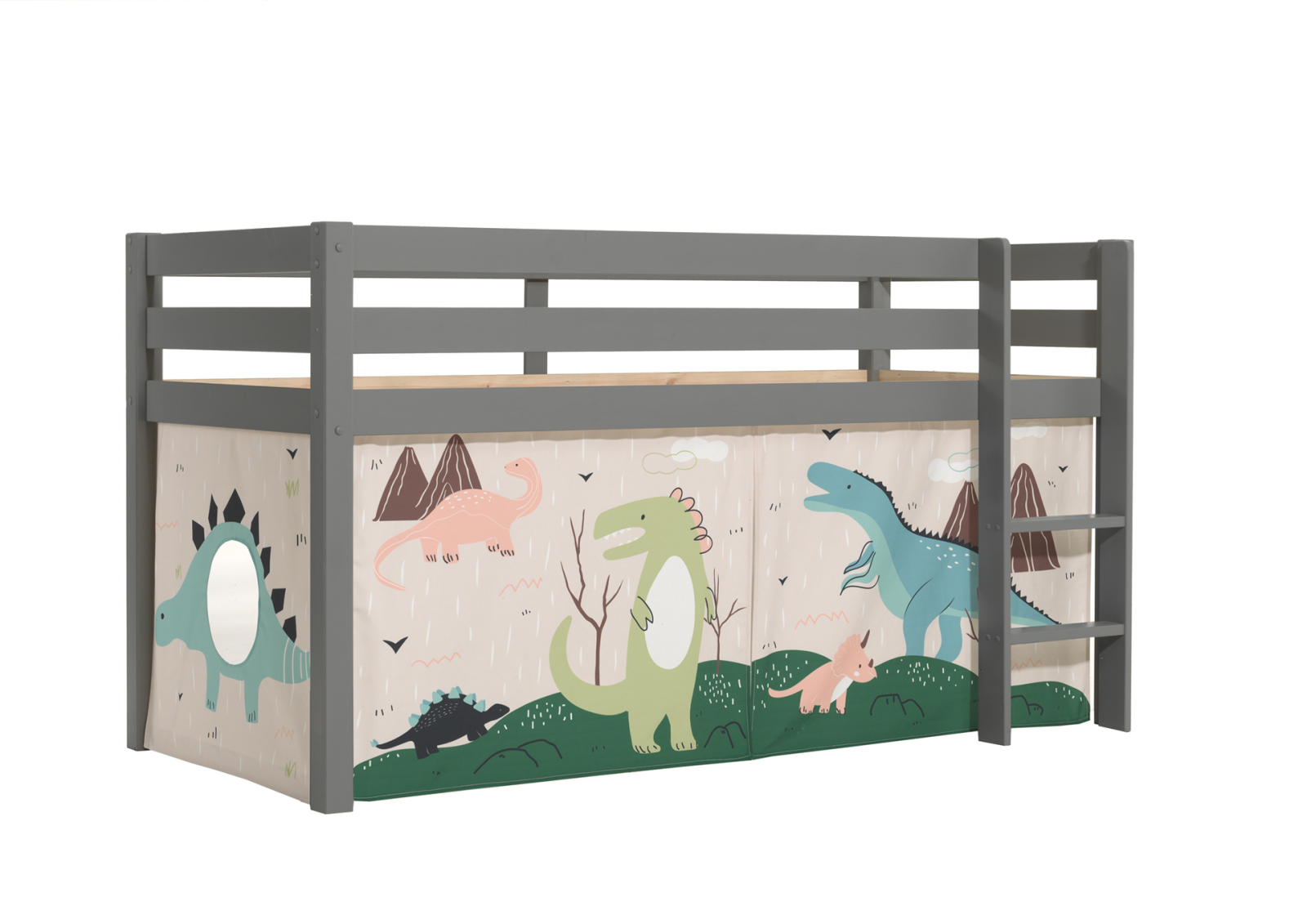 Halbhochbett PINO - DINOSAURIER - Kiefer grau Massivholz - 90x200 cm