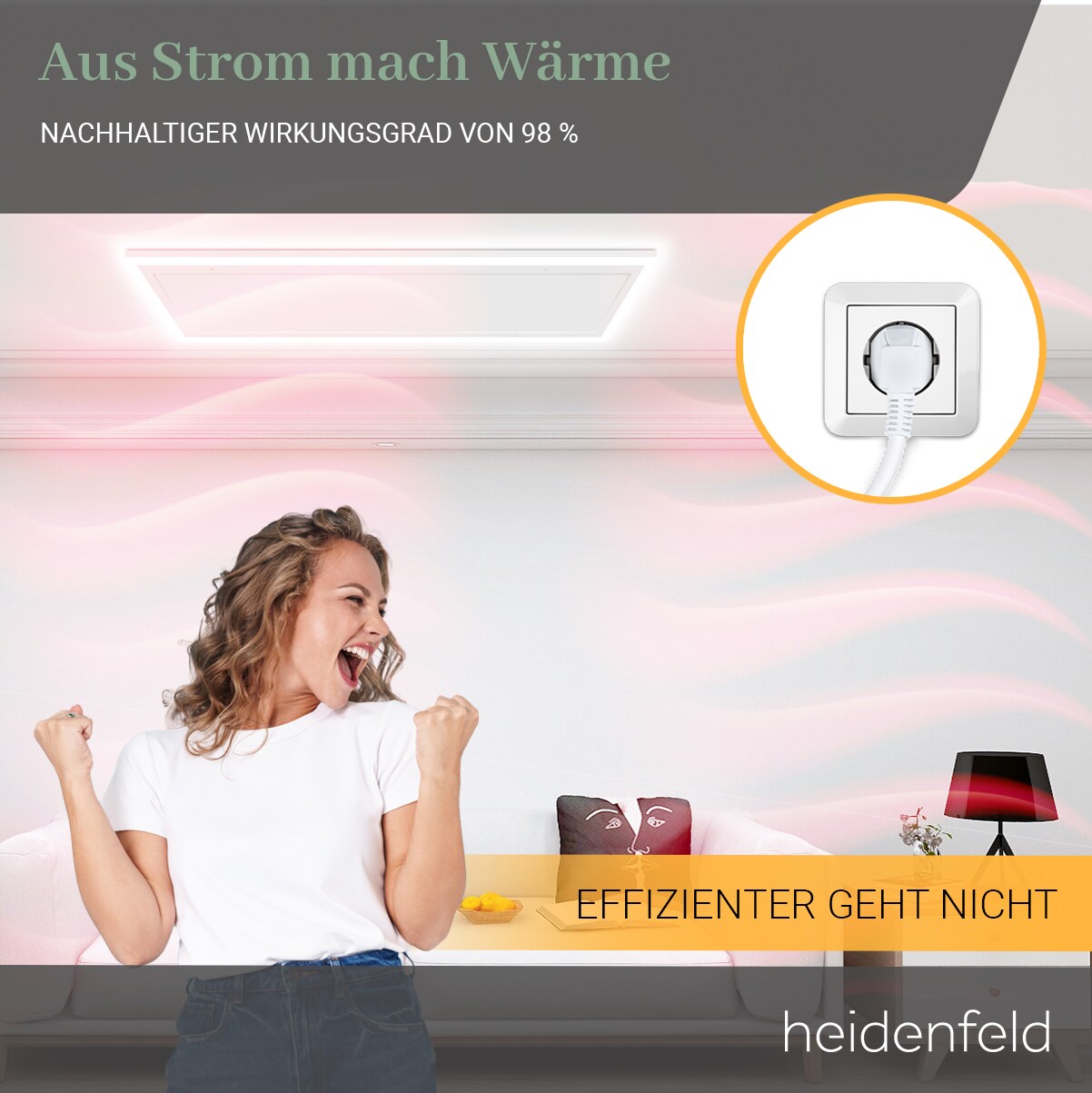 Heidenfeld Infrarot-Deckenheizung HF-HP500 mit Licht, 390-800Watt, 3-20m², Fernbedienung, LED-Rahmen (800 Watt, Warmweiß)