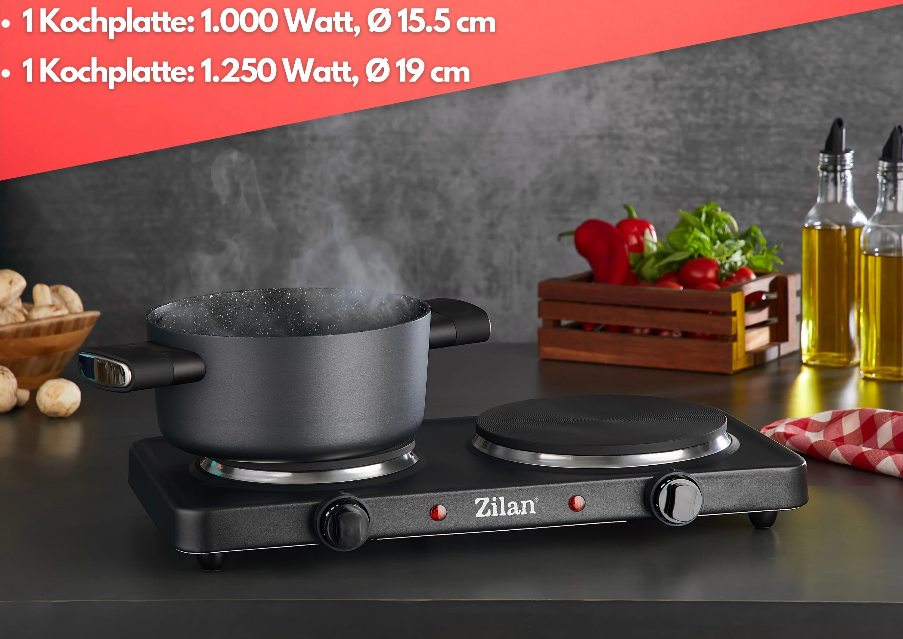 Zilan Doppelkochplatte schwarz 2250W Robust Camping geeignet 5 Stufen