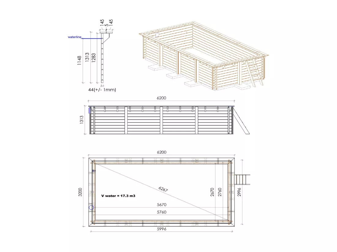 WATERCLIP - Piscine bois FSC rectangulaire 620 x 300 cm - Autoclave IV - Liner 70/100 - Rainurée languette + Filtration 11m3/h + Echelle - ELLY