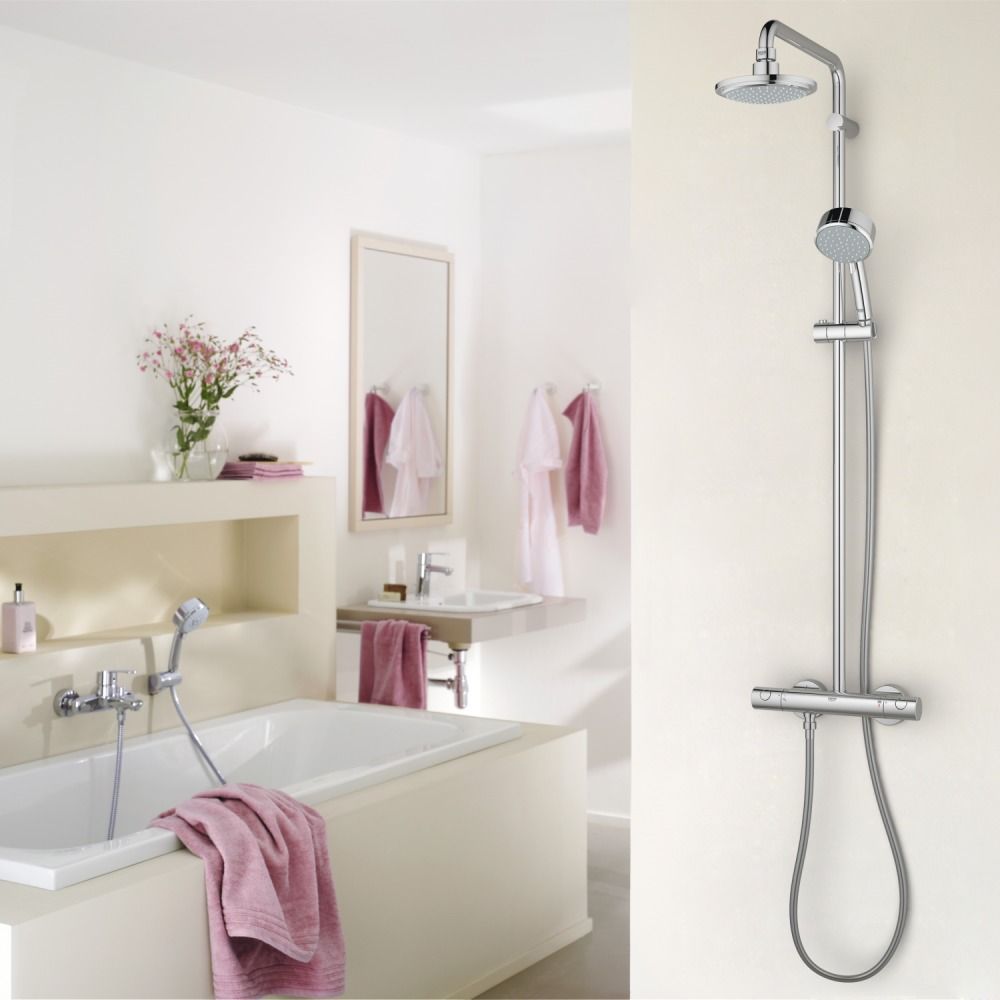 Grohe Tempesta Cosmopolitan douchesysteem m. douchekraan thermostatisch m. aquadimmer m. Euphoria Cosmo hoofddouche 160mm Rain m. New Temp. Cosmo II handd chroom