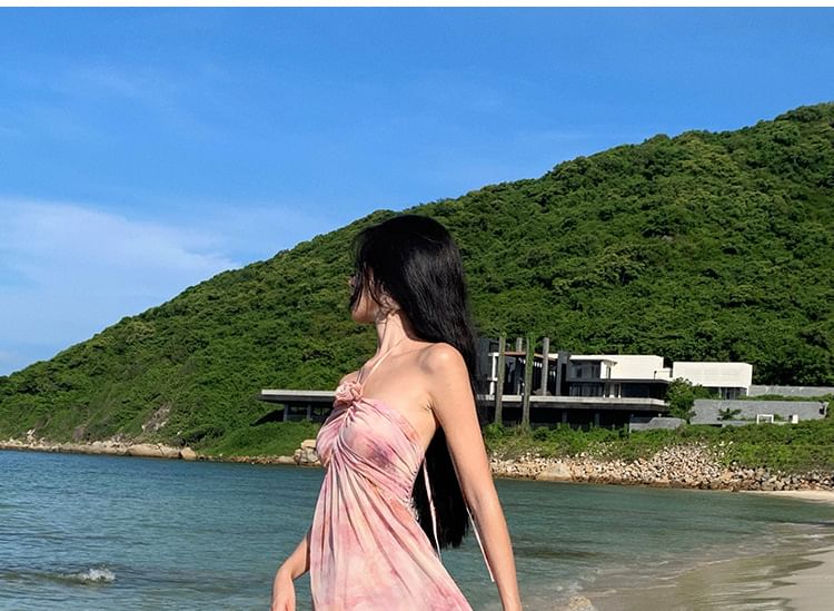 Moanum - Halter maxi-zonnejurk met bloemenprint en zijsplit