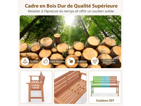 Banc de Jardin en Bois Massif, Banc d'Extérieur à 2 Places avec Accoudoirs, Siège à Lattes pour Parc, Porche, Cour, Charge 180 KG, 120,5 x 64 x 84 CM (L x l x H), Naturel