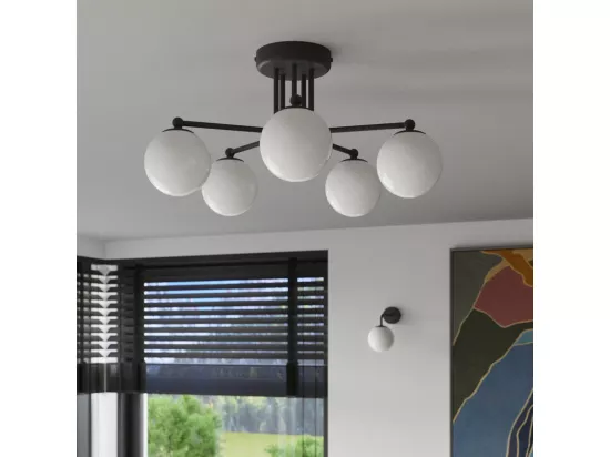 Lustre Astral minimaliste en acier/verre - 5 sources lumineuses - L.58 x H.29 cm - noir/blanc