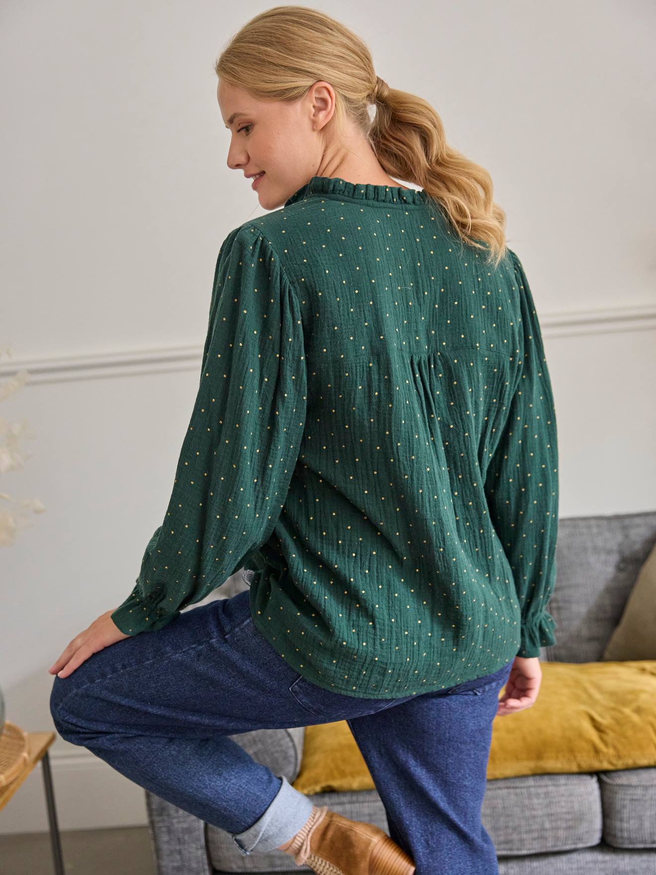 Blusa de chiffon de algodão verde pinho para gestantes e lactantes.